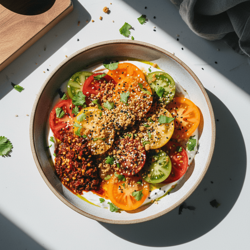 Heirloom Tomatoes with Garlic Lime Yogurt and Sesame-Scallion Breadcrumbs