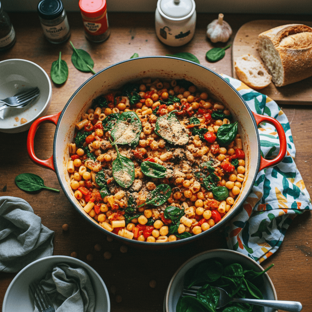One-Pot Pasta with Chickpeas and Spinach