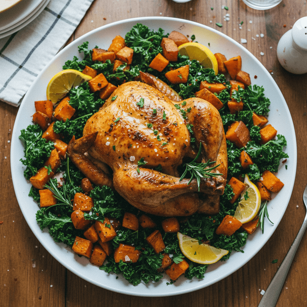 Sheet Pan Roasted Chicken, Sweet Potatoes, and Greens