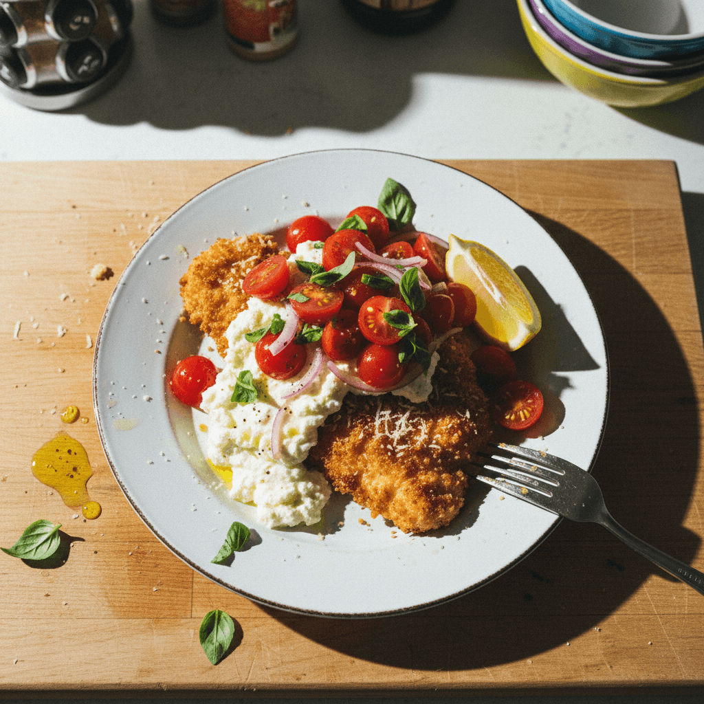 Summery Sunday Chicken Cutlet with Lemony Whipped Feta and Tomato Salad