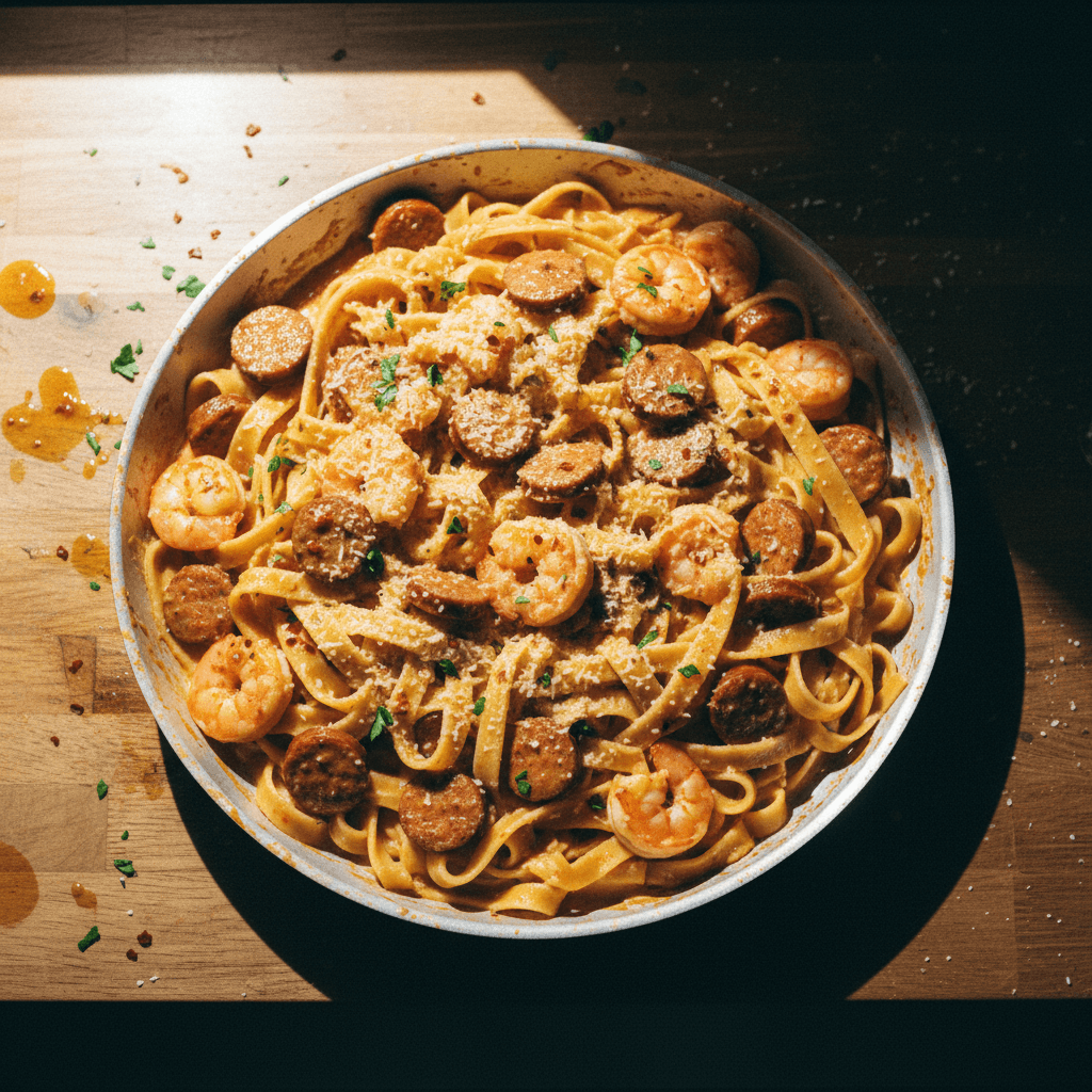 One-Pan Creamy Cajun Shrimp & Sausage Tagliatelle
