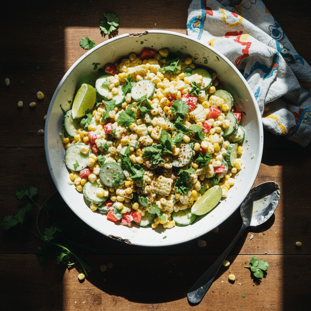 Creamy Cilantro Corn and Cucumber Salad with Capsicum