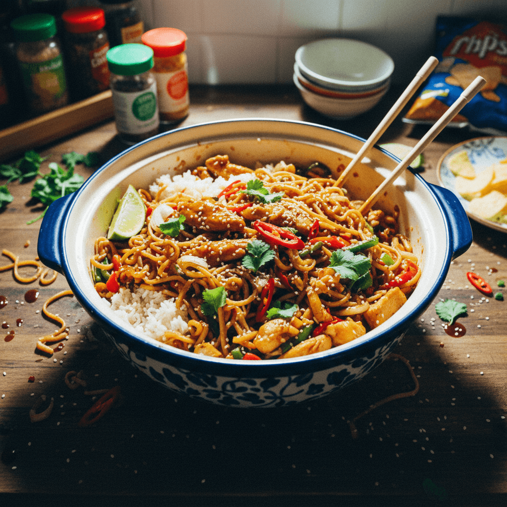 One-Pot Spicy Peanut Noodles with Chicken