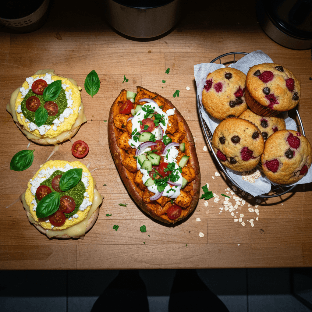 Meal Prep Trio: Cheesy Pesto Egg McMuffins, Chicken Shawarma Loaded Sweet Potato, & Raspberry Choc Chip Muffins