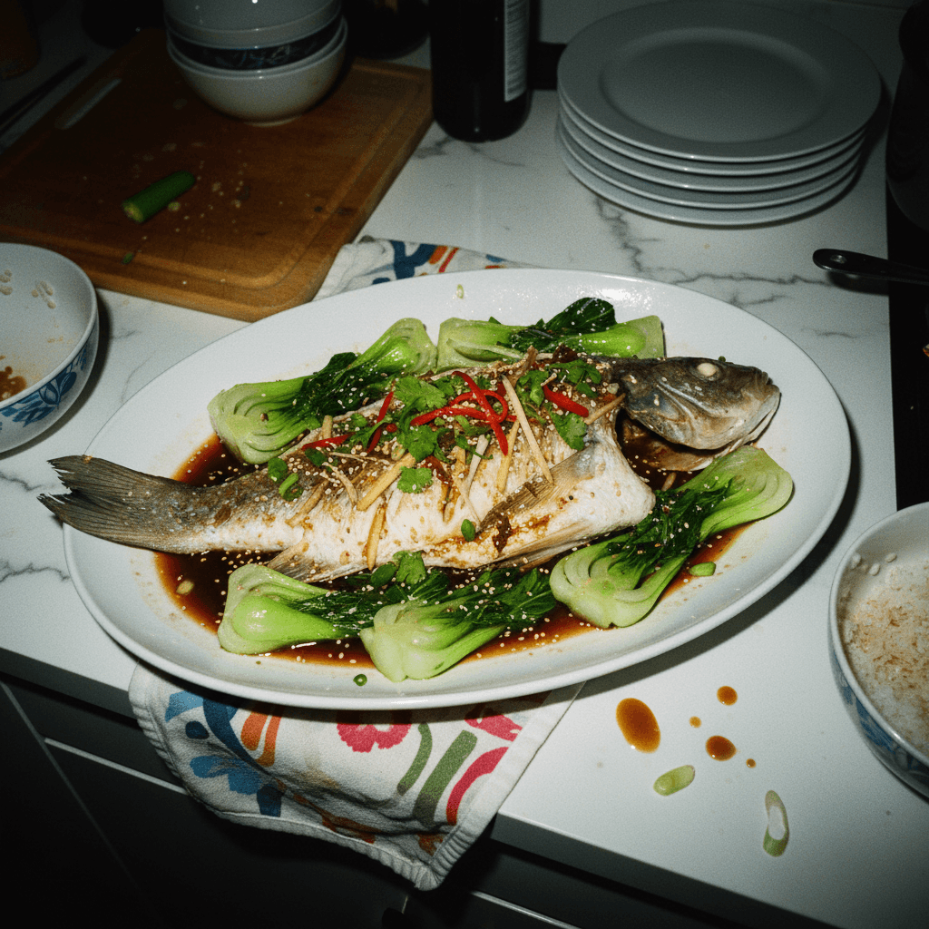 Steamed Fish with Soy and Sesame Bok Choy and Japanese Eggplant