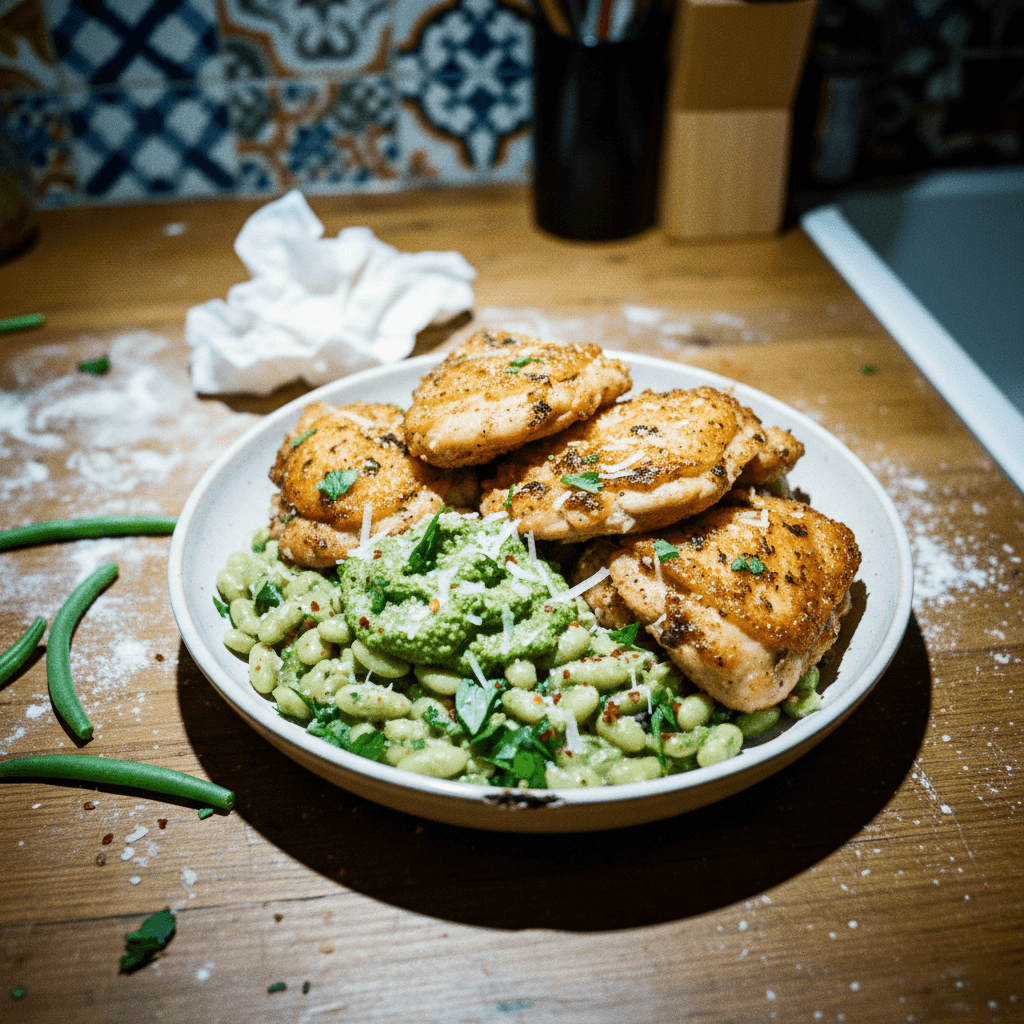 Smashed Crispy Chicken Thighs with Herby Parmesan Beans