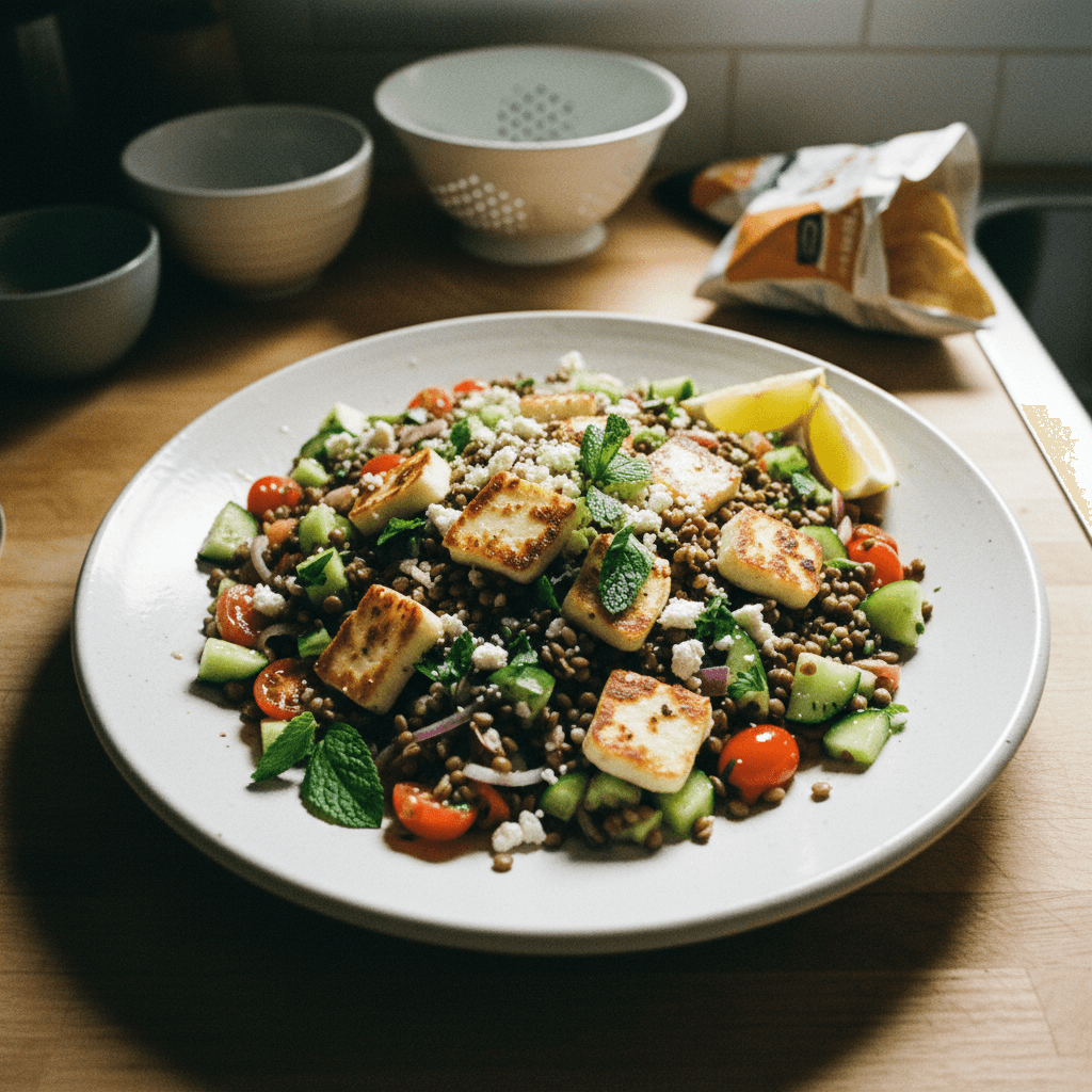 TJ's Mediterranean Lentil Salad with Halloumi