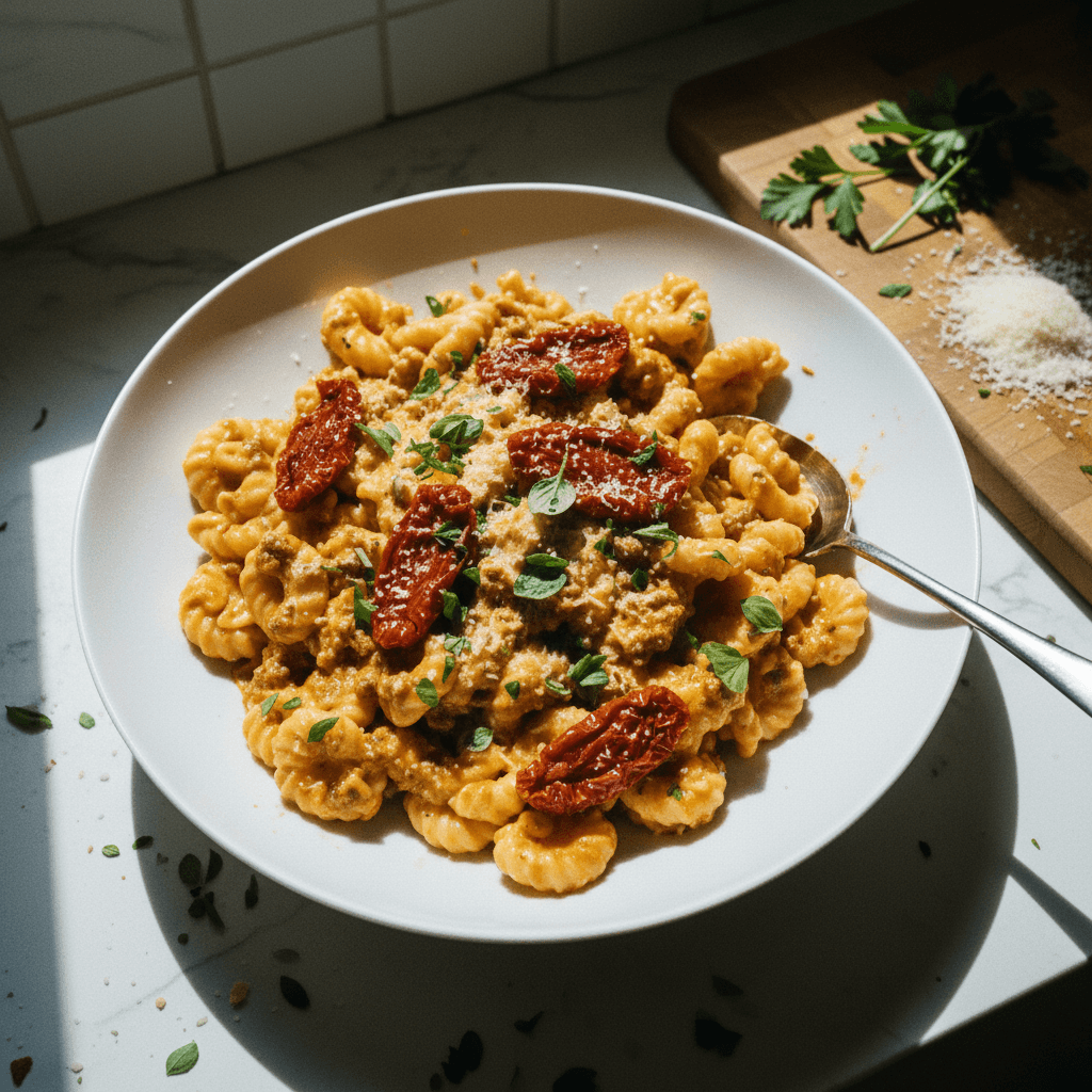 Creamy Sunny Dried Tomato and Beef Pasta