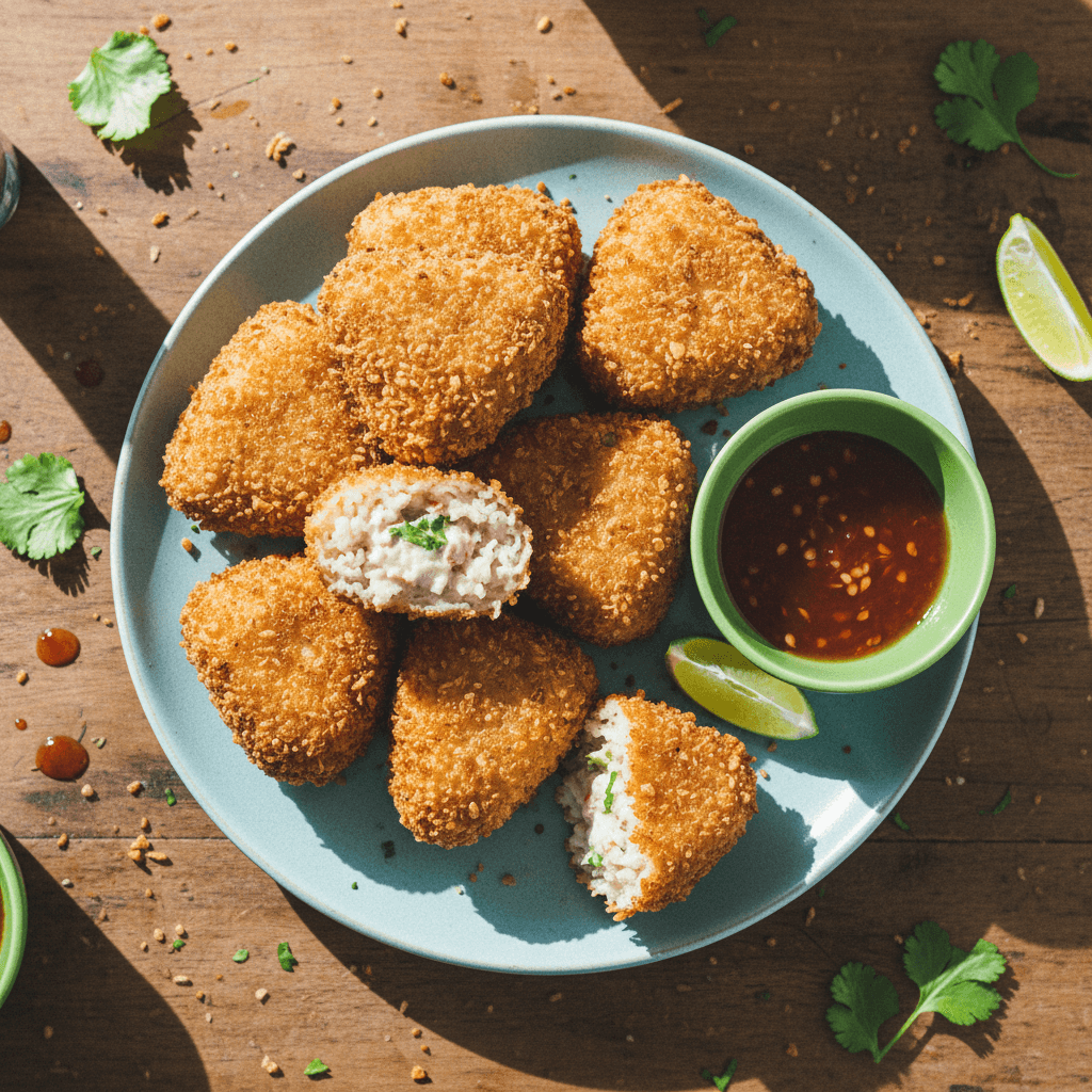 Golden Crispy Fried Panko Breaded Onigiri with Crab Rangoon Filling