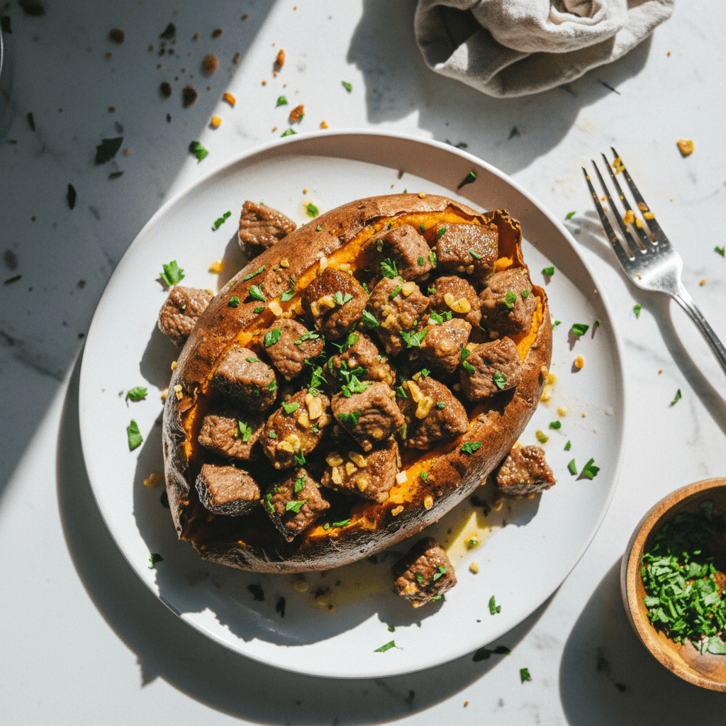 Crispy Garlic Butter Steak Bites Loaded Over a Baked Sweet Potato