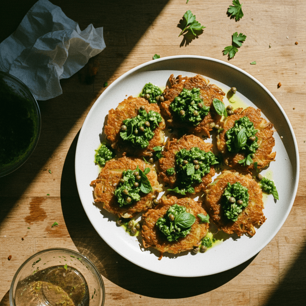 Potato & Onion Fritters with Salsa Verde