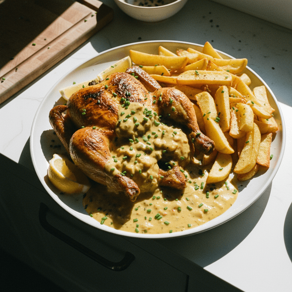 Spatchcock Chicken, Café de Paris Sauce and Chips