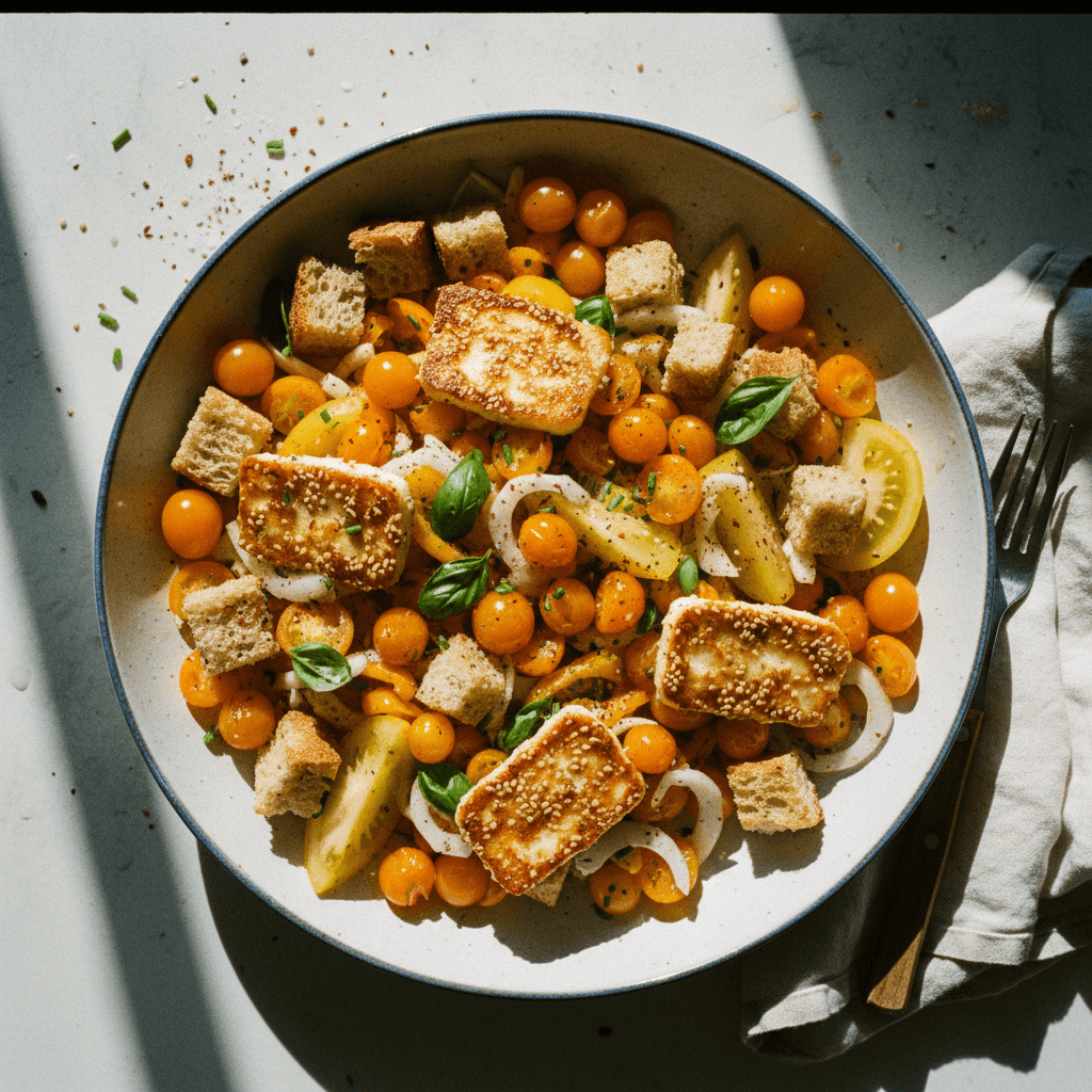Sungold Tomato Panzanella with Crispy Sesame-Roasted Halloumi